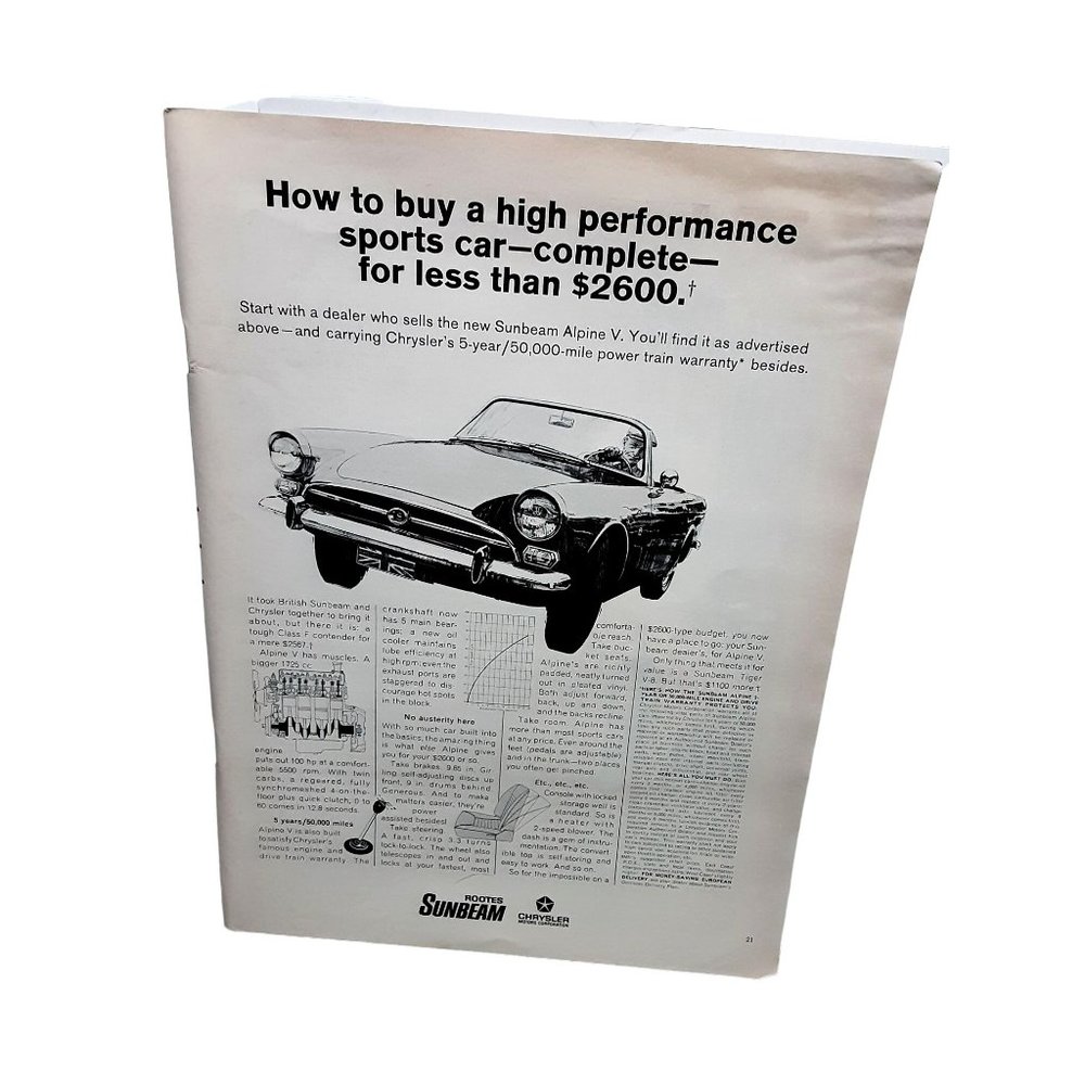 1967 Chrysler Sunbeam Alpine V Car Vintage Print Ad 60s Original